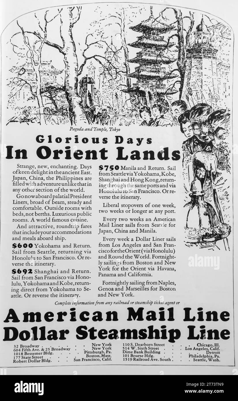 1927 Dollar Steamship Lines e American mail Line Cruises, Orient Lands ad Foto Stock