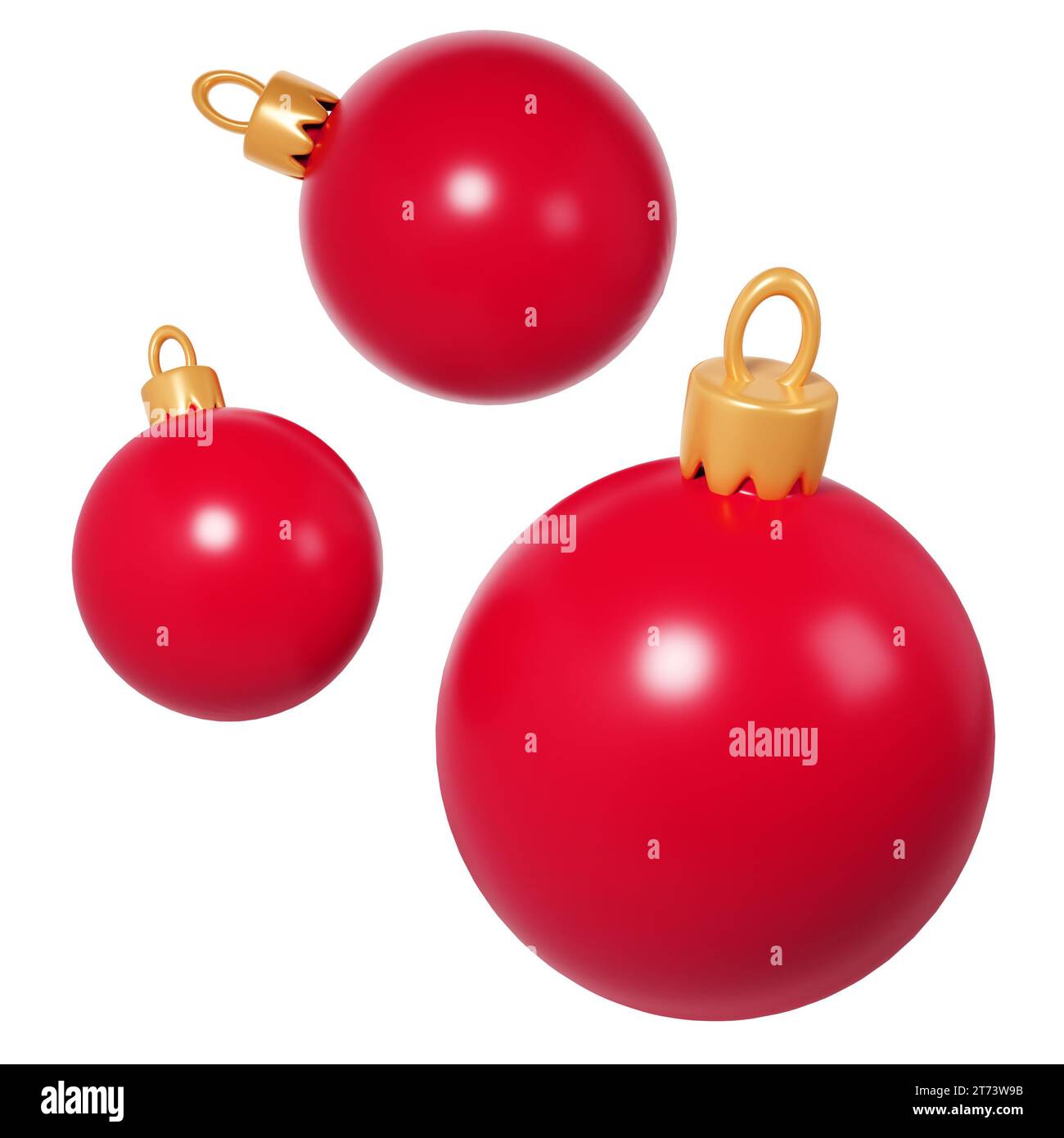 Rappresentazione 3d di tre palline di Natale rosse. Sfere realistiche per le vacanze invernali. Giocattolo per abete. Illustrazione per web design, biglietti di auguri, invi Foto Stock