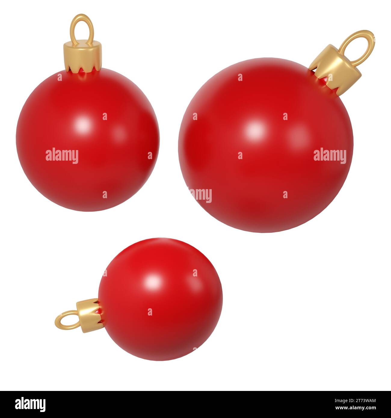 Rappresentazione 3d di tre palline di Natale rosse. Sfere realistiche per le vacanze invernali. Giocattolo per abete. Illustrazione per web design, biglietti di auguri, invi Foto Stock