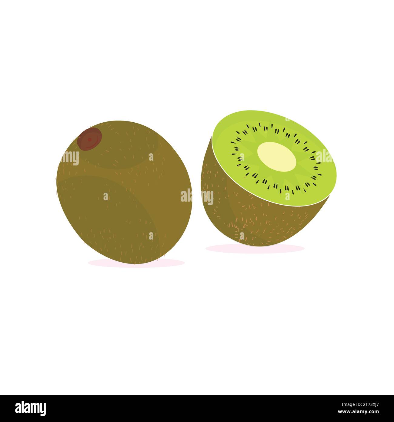 Set di icone Kiwi Fruit Vector Design. Frutto di kiwi intero maturo e frutto di mezzo kiwi isolato su fondo bianco. Mezza sezione trasversale di uva spina cinese Illustrazione Vettoriale
