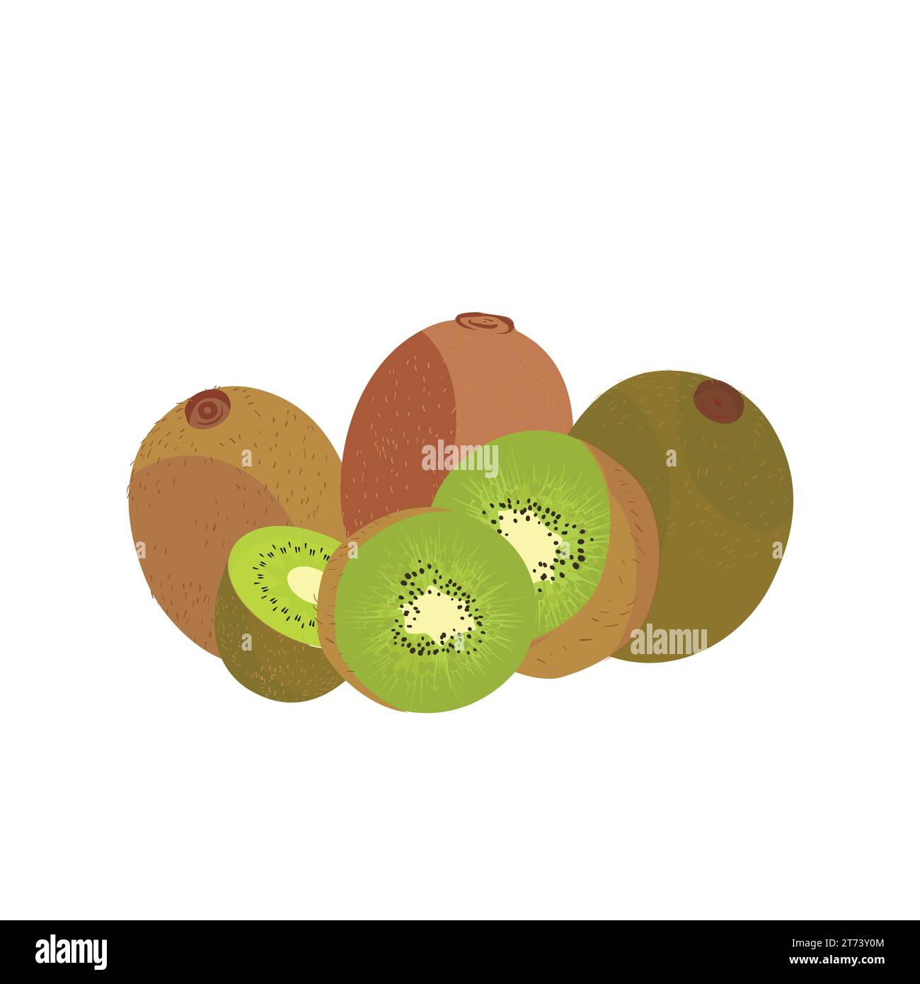 Set di icone Kiwi Fruit Vector Design. Frutto di kiwi intero maturo e frutto di mezzo kiwi isolato su fondo bianco. Mezza sezione trasversale di uva spina cinese Illustrazione Vettoriale