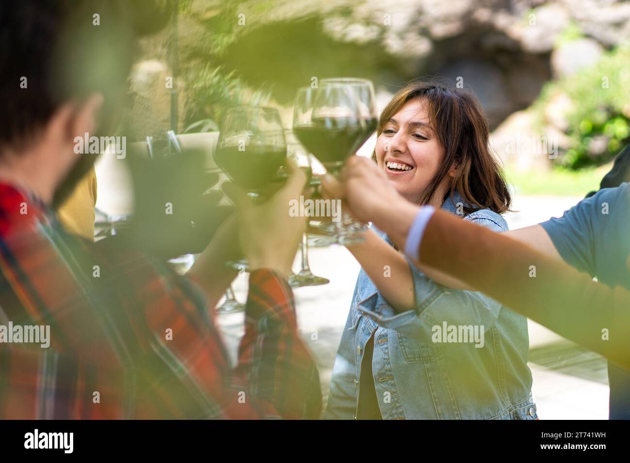 Un momento sincero catturato mentre gli amici brindano con un bicchiere di vino rosso, condividendo la felicità in un ambiente all'aperto, con l'attenzione su una donna sorridente. Foto Stock