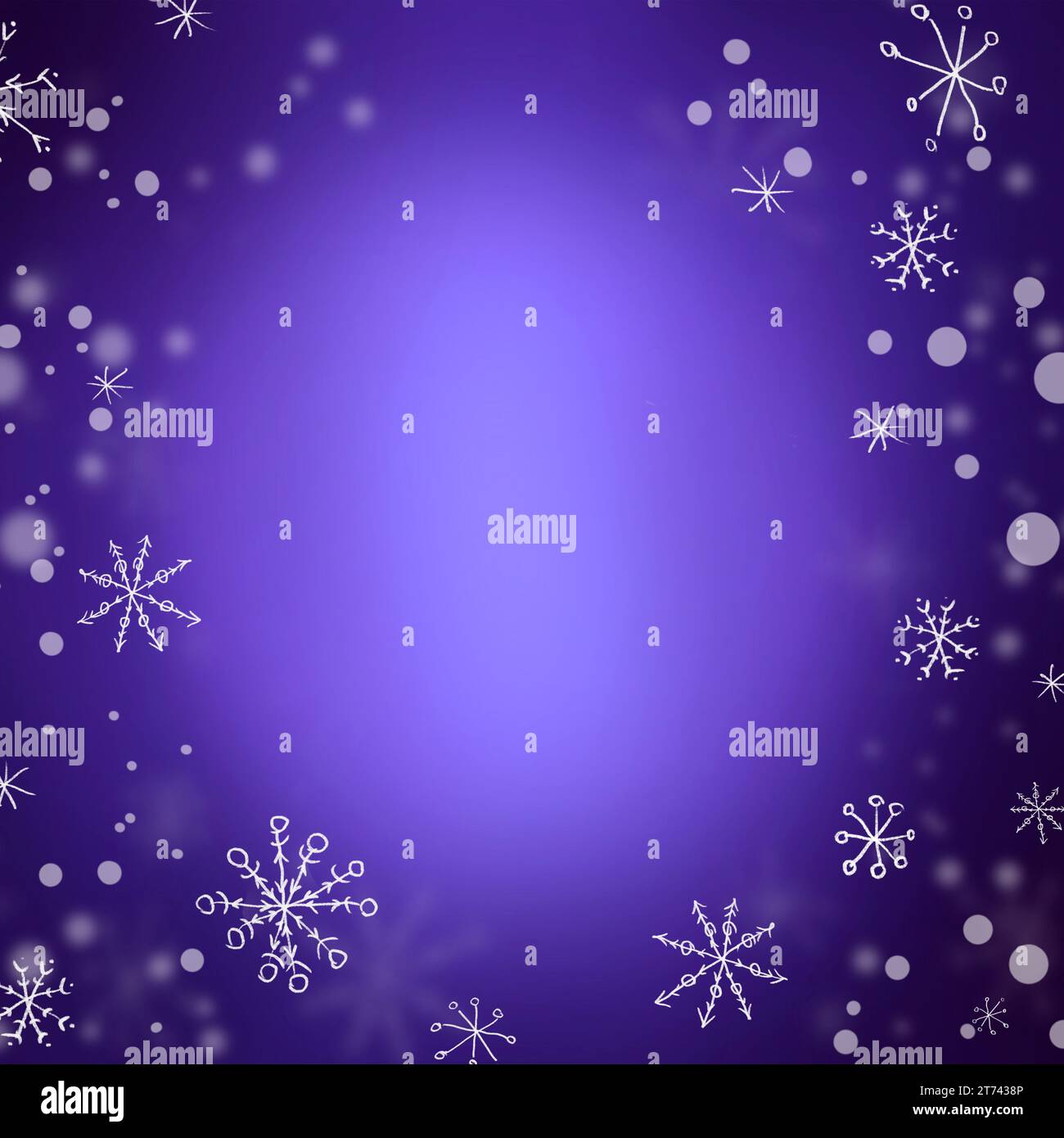 Felice anno nuovo sfondo quadrato viola con fiocchi di neve bianchi. Biglietto d'auguri per le festività. Per cartoline, banner, poster. Foto Stock