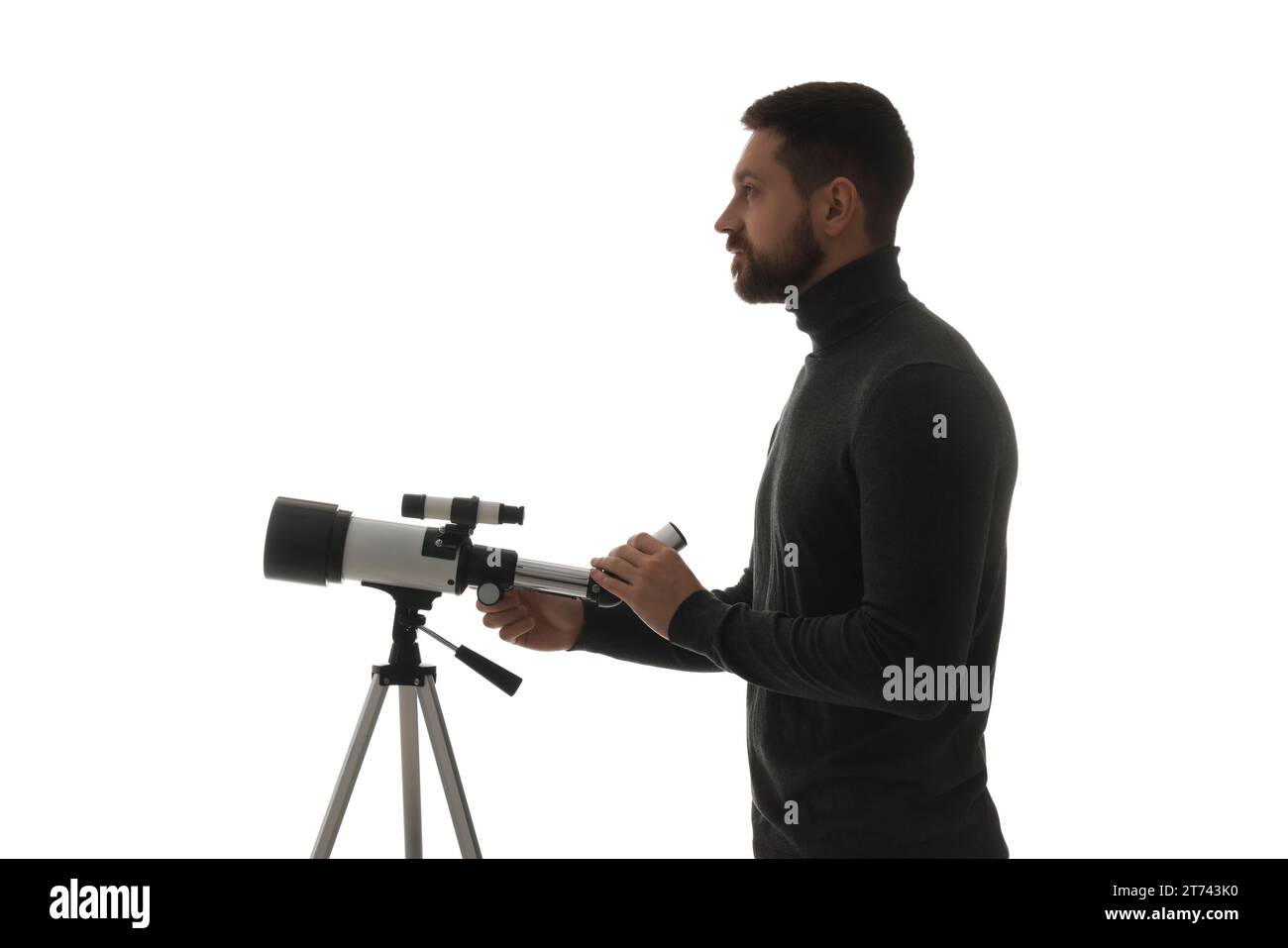 Astronomo professionista con telescopio su sfondo bianco Foto Stock