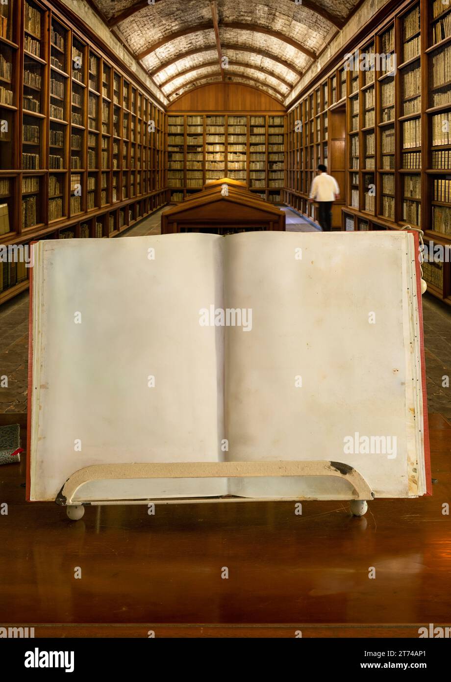 Libro antico aperto con pagine testurizzate con una biblioteca antica sullo sfondo. Foto Stock