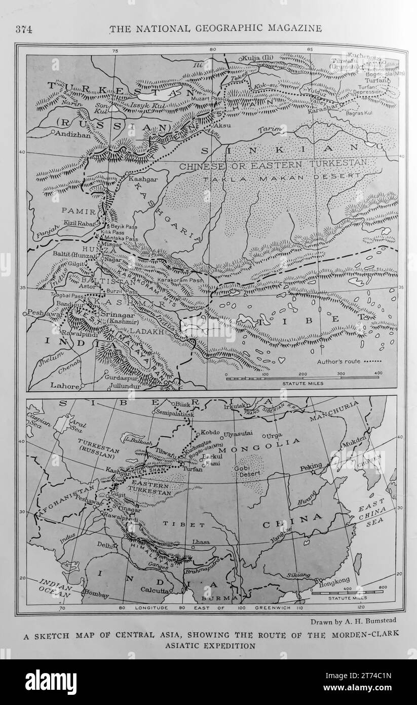 Mappa del 1927 dell'Asia centrale che mostra il percorso della spedizione isatica Morden-Clark Foto Stock