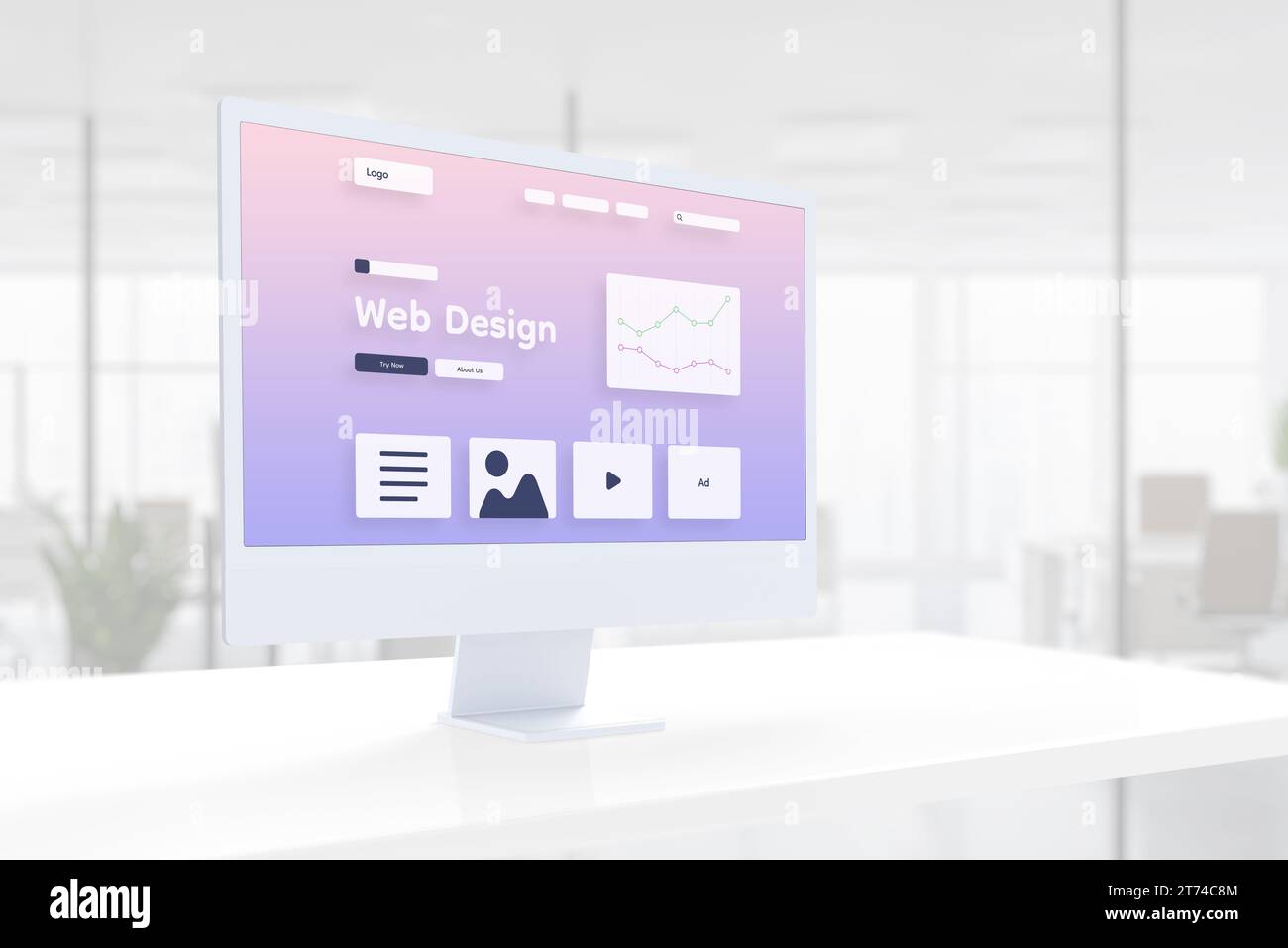 Il layout della pagina di uno studio di web design moderno si posiziona sul display di un computer in un moderno studio Foto Stock