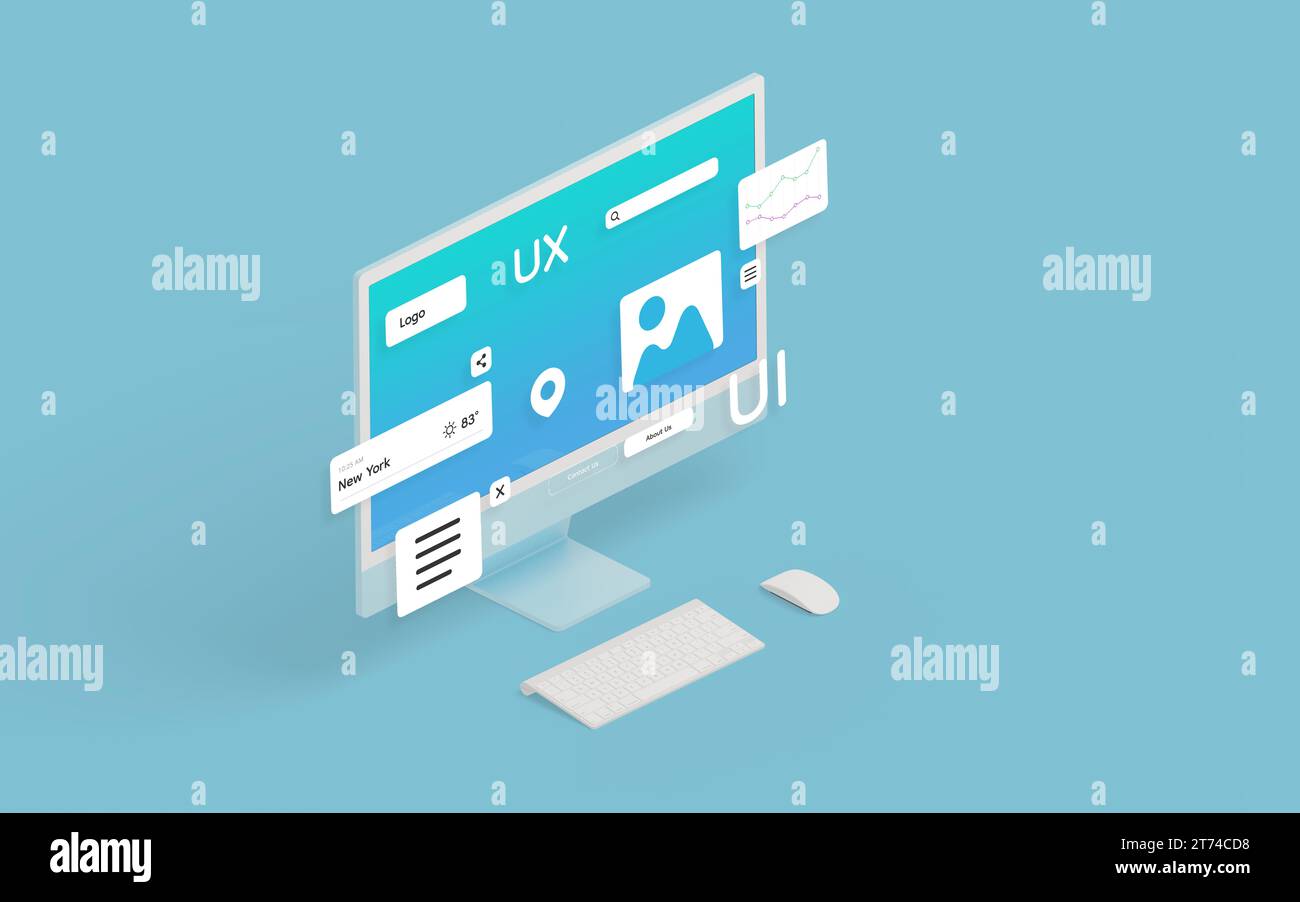 Display isometrico per computer con moduli di interfaccia utente, che illustra il concetto di sviluppo web o app. Progettazione e sviluppo digitali Foto Stock