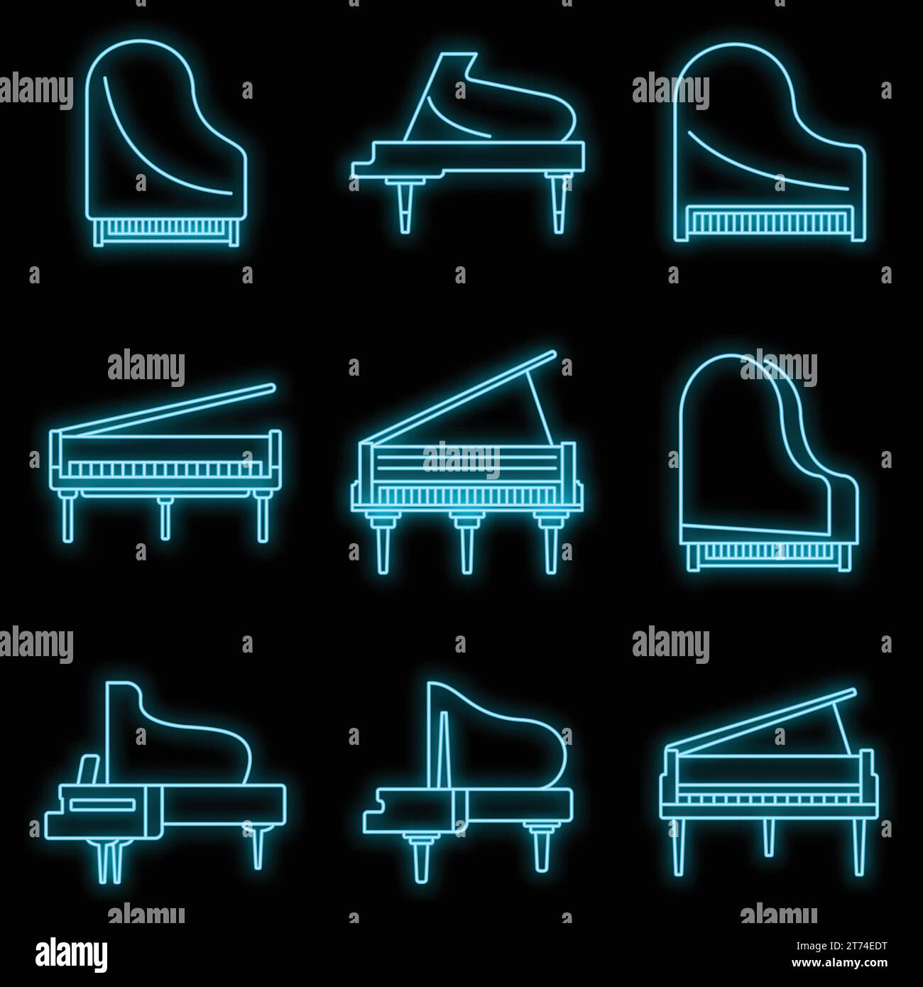 Set di icone classiche per pianoforte a coda. Set di icone vettoriali classiche per pianoforte a coda in colore neon su nero Illustrazione Vettoriale