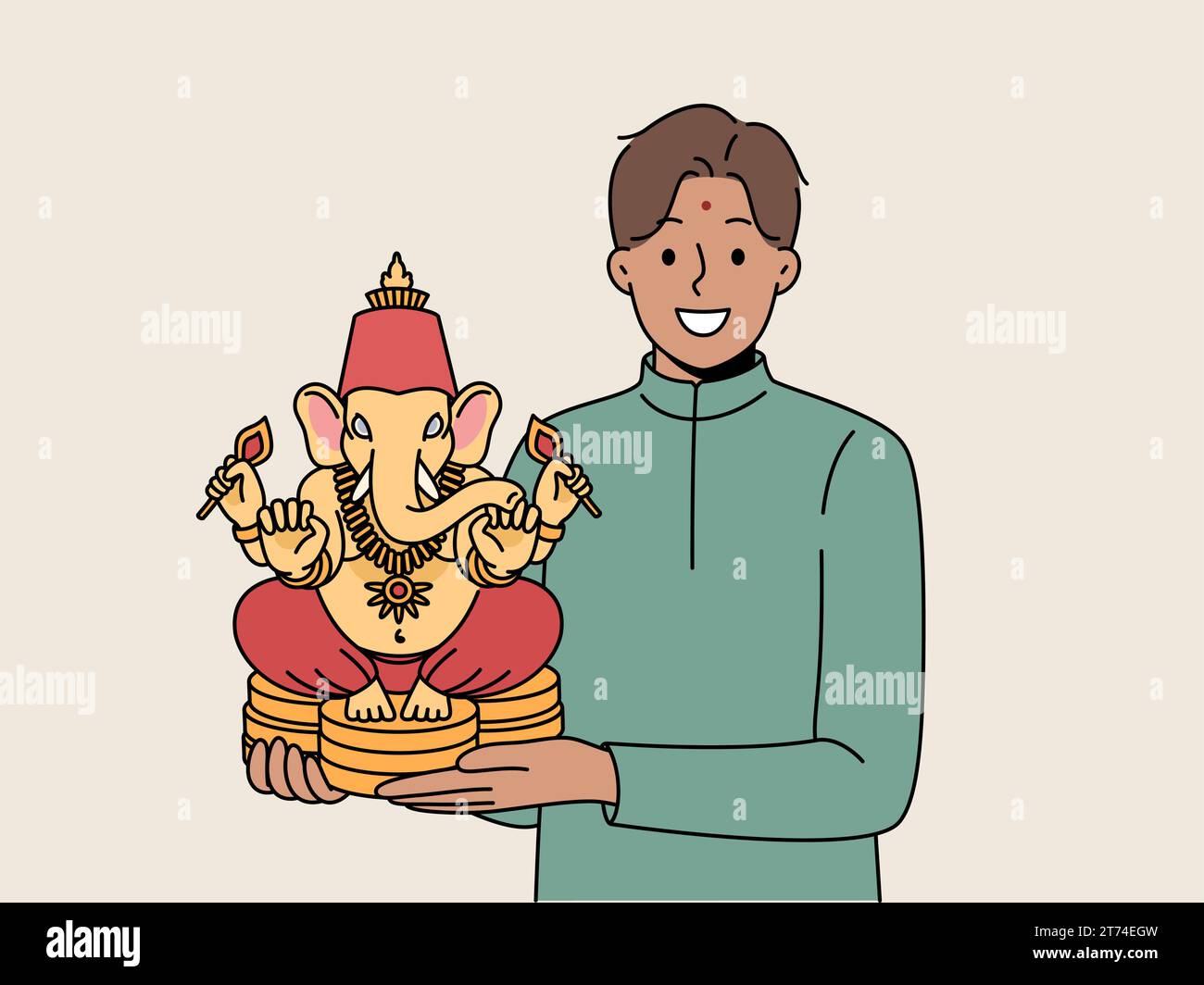 L'uomo indiano tiene la figurina di Lord Ganesha e sorride, dimostrando un amuleto nazionale che porta fortuna e successo. Lord Ganesha fatto di ceramiche nelle mani di Guy invitante al festival della cultura hindi Illustrazione Vettoriale