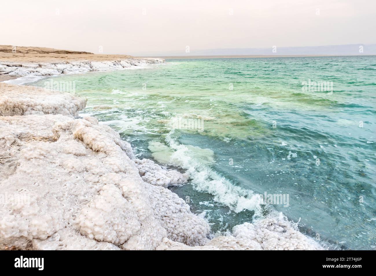 Depositi di sali minerali, paesaggio tipico del Mar morto in Giordania. Orizzontalmente. Foto Stock
