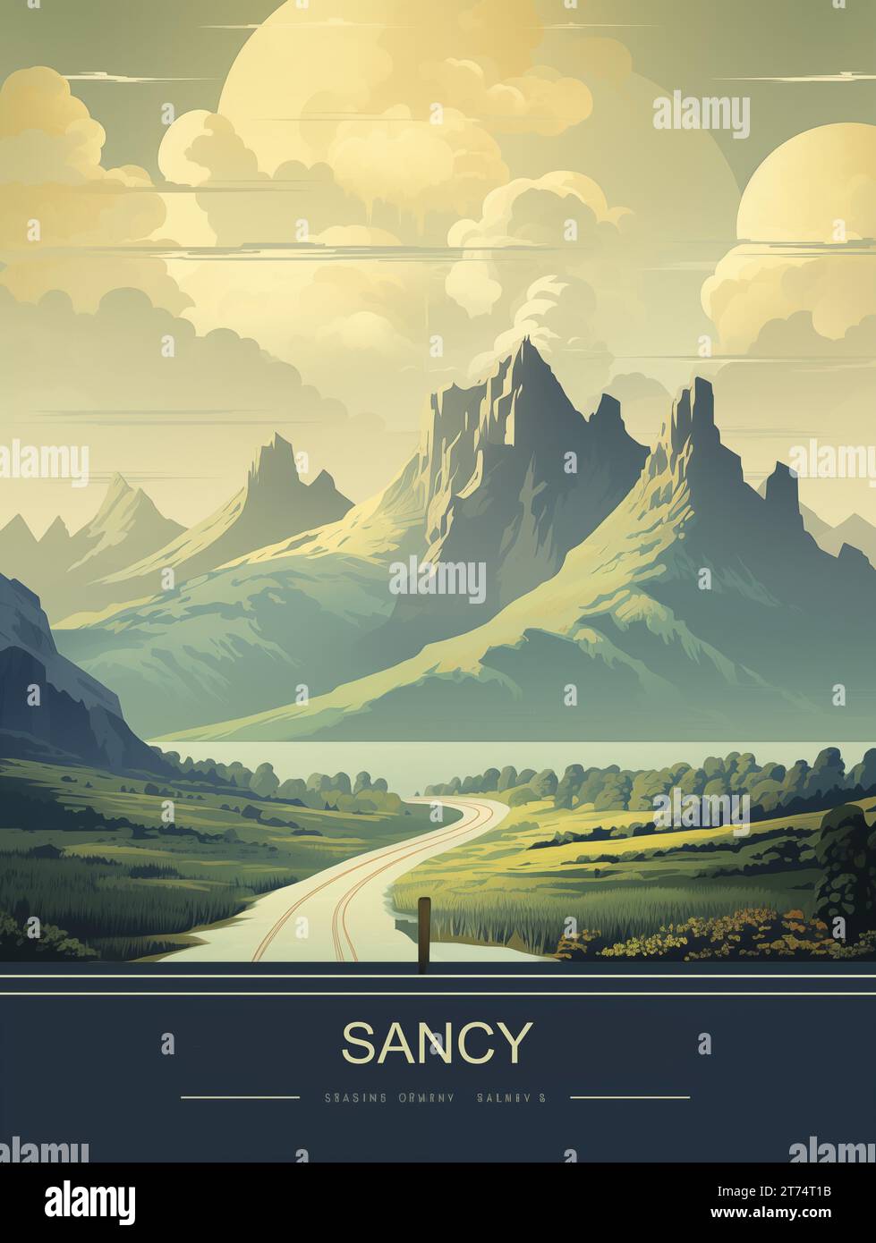 Un poster di alta qualità con un paesaggio mozzafiato di una maestosa catena montuosa con un lago tranquillo e una strada tortuosa che conduce ad esso Foto Stock
