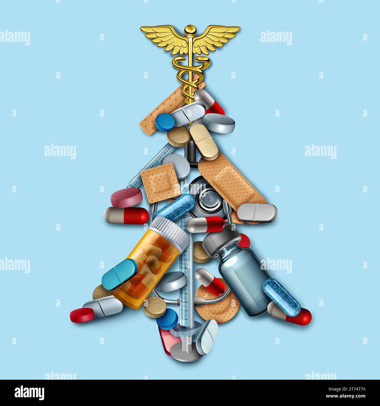 Vacanze di Natale mediche come concetto di assistenza sanitaria con attrezzature mediche e medicina che celebrano le vacanze invernali come simbolo festivo di Capodanno Foto Stock