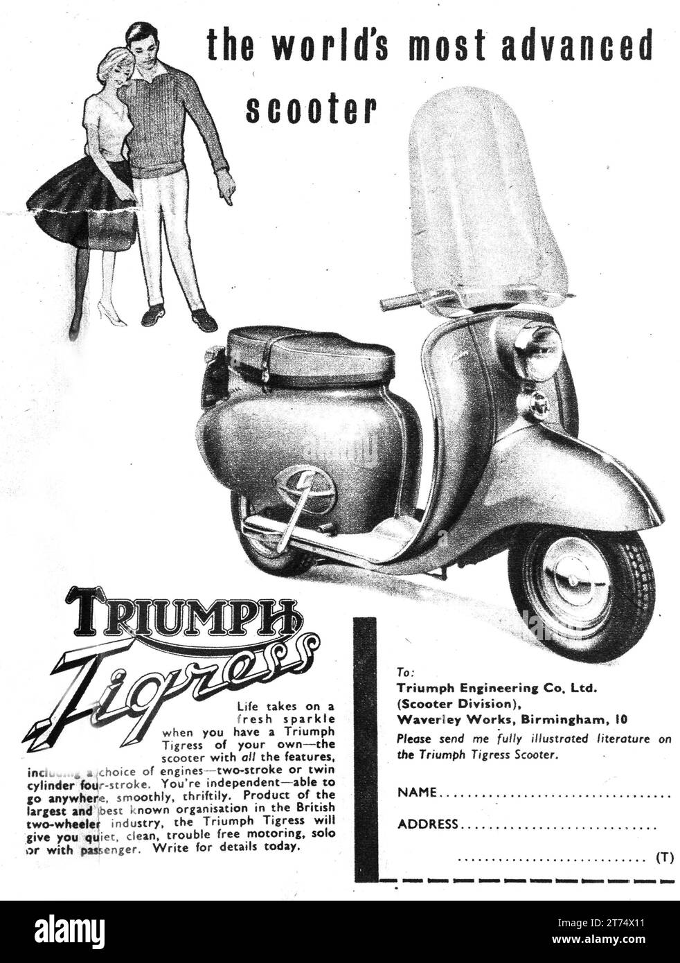 Una pubblicità del 1960 per lo scooter Triumph Tigress, venduto anche come scooter BSA Sunbeam. Progettato da Triumph Enginering. Foto Stock