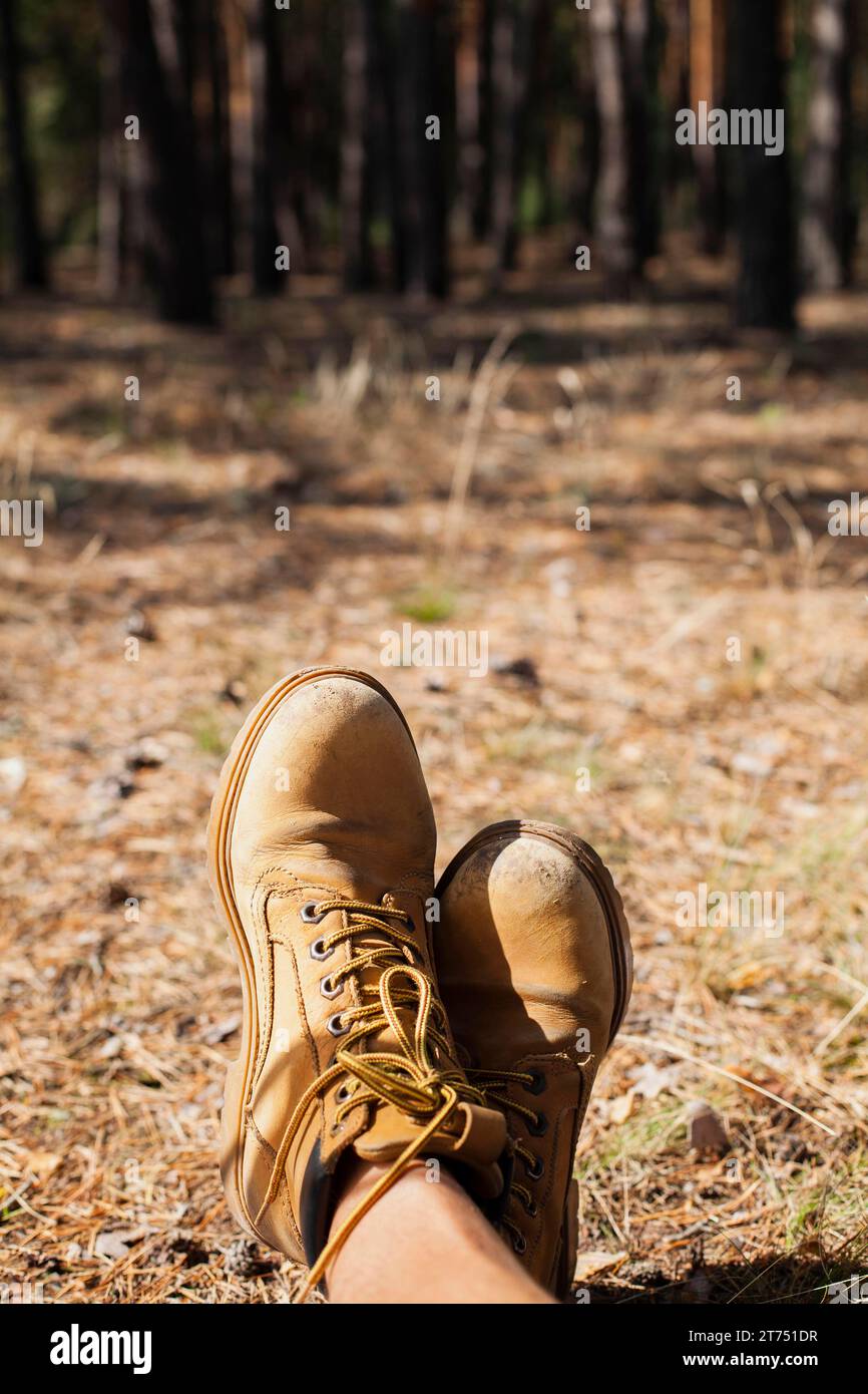 Scarpe da vicino soleggiato sentiero nella foresta Foto Stock