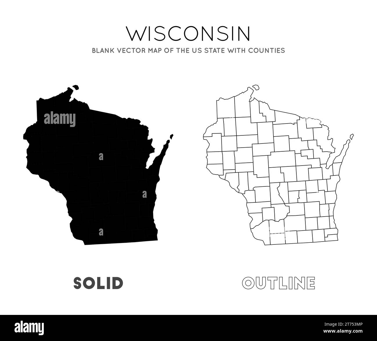 Mappa del Wisconsin. Mappa vettoriale vuota dello Stato degli Stati Uniti con le contee. Confini del Wisconsin per la tua infografica. Illustrazione vettoriale. Illustrazione Vettoriale