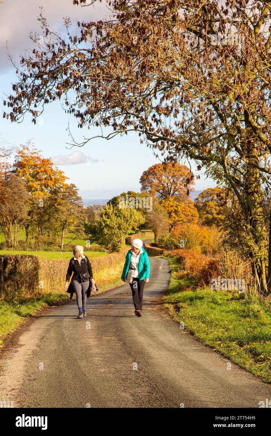 Donne che camminano lungo una sezione stradale del sentiero Offas Dyke che fa parte del percorso ufficiale a lunga distanza a Chirk nel Galles del Nord Foto Stock