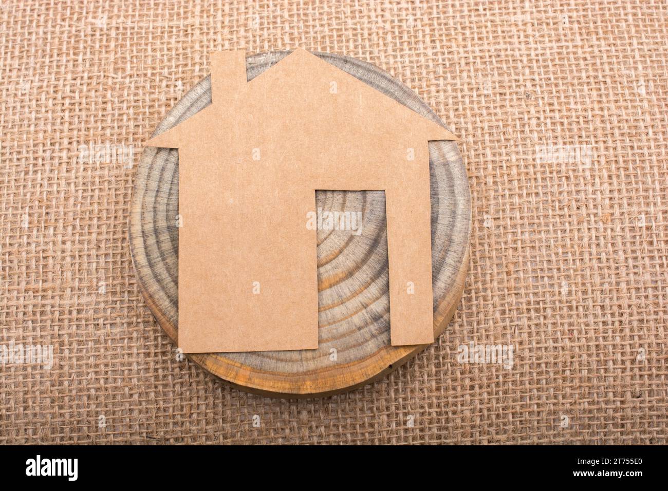 Piccola casa di carta poste sul pezzo di legno Foto Stock