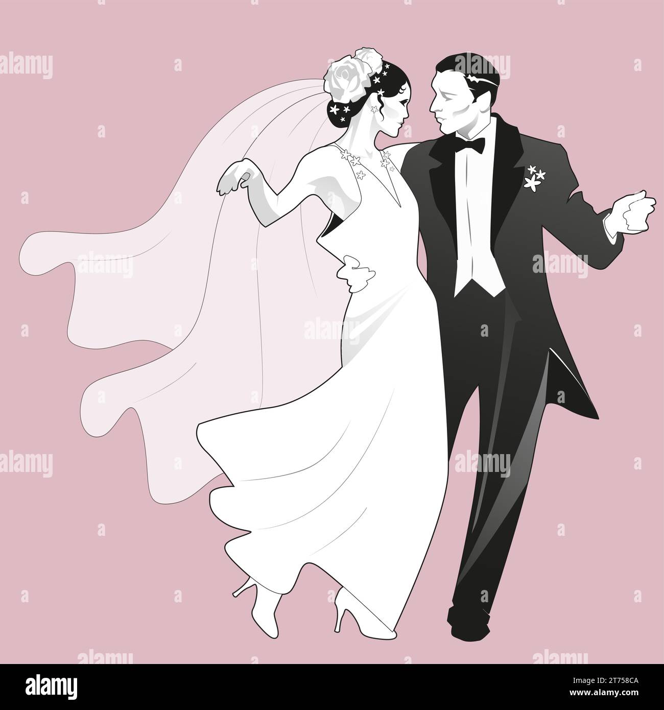 Elegante coppia di nozze che danzano in stile retrò. Sposa che indossa un abito lungo e velo sulla testa, sposo che indossa un cappotto. Illustrazione Vettoriale
