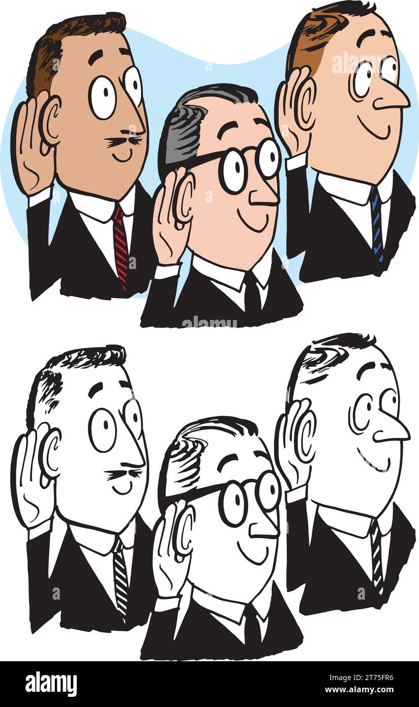 Un cartone animato vintage retrò di tre uomini d'affari che ascoltano le loro mani. Illustrazione Vettoriale