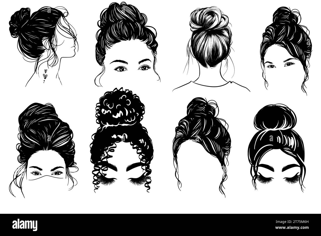 Vector Woman Hairstyle Illustration, disordinato Bun Hair Line Art in vari temi. Collezione disegnata a mano. V20 Illustrazione Vettoriale