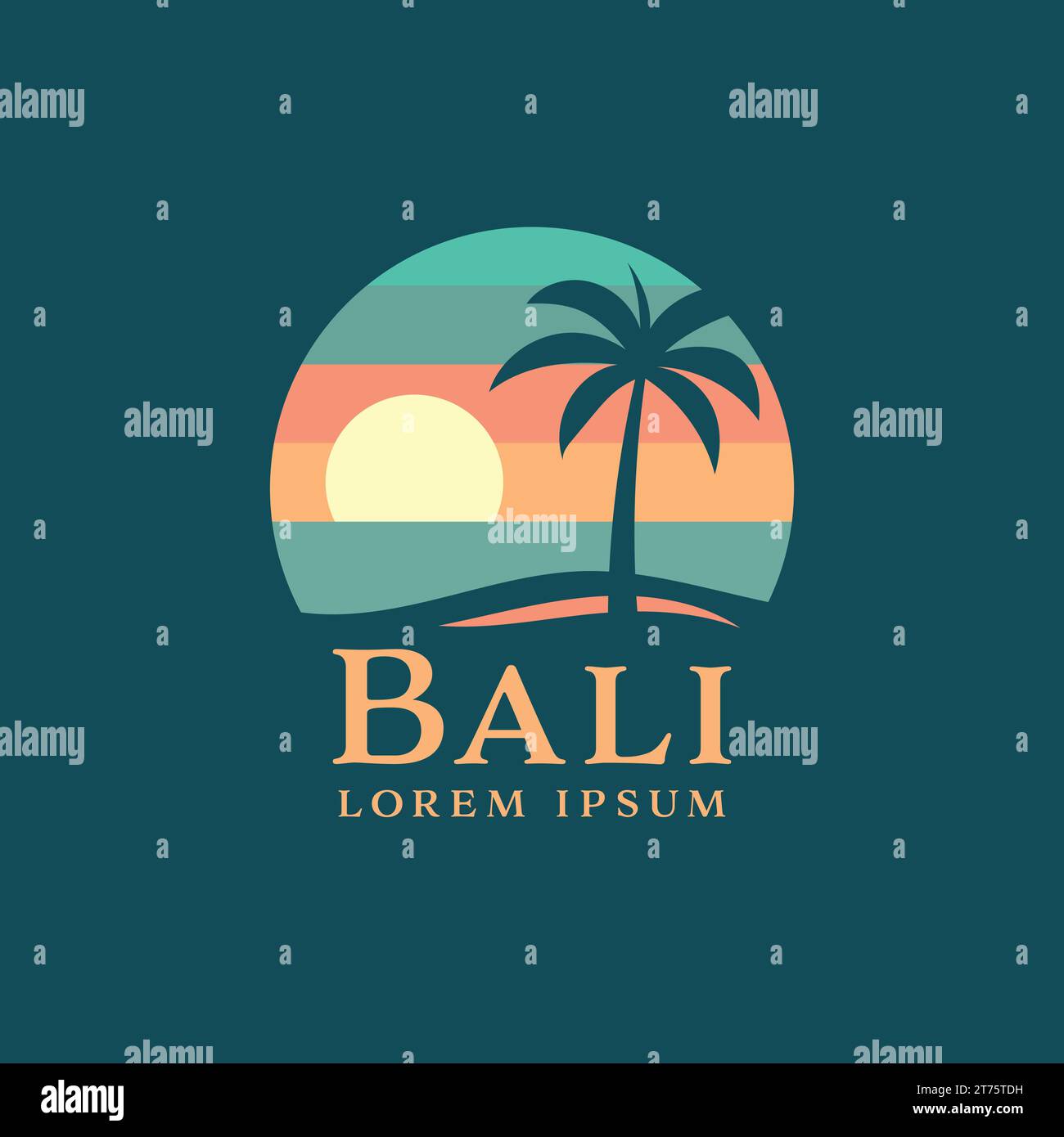 Logo della spiaggia tropicale al tramonto con una palma sull'isola di Bali Illustrazione Vettoriale