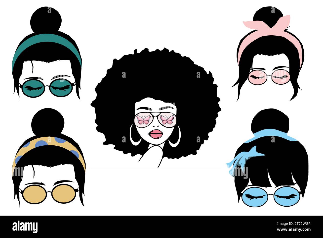 Donna nera con capelli disordinati, occhiali da sole e bandana. Collezione di illustrazioni vettoriali V30 Illustrazione Vettoriale