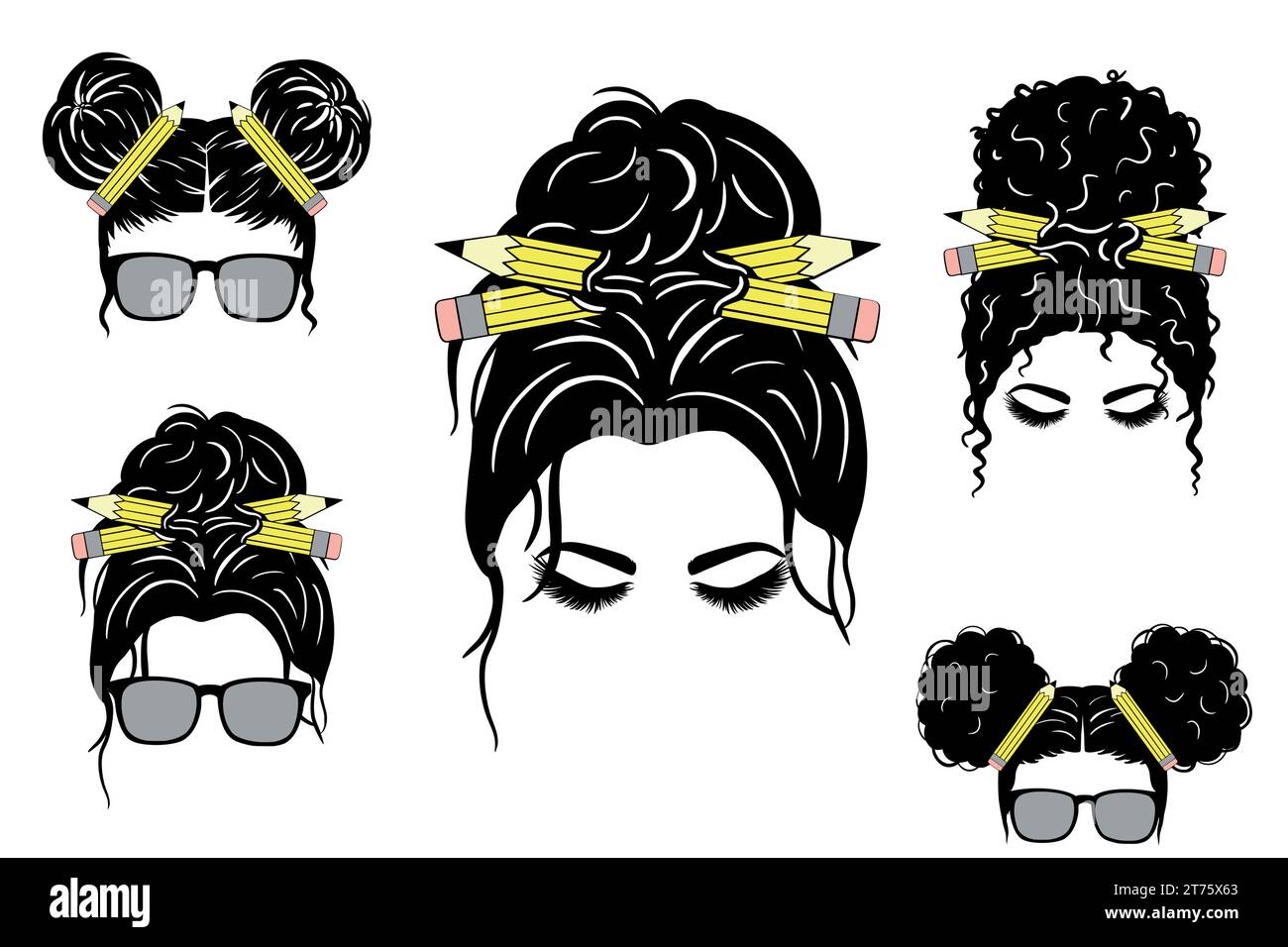 Bellissima acconciatura femminile con clip Pencil Hair Bows e occhiali da sole a vari temi. Collezione di illustrazioni vettoriali V38 Illustrazione Vettoriale
