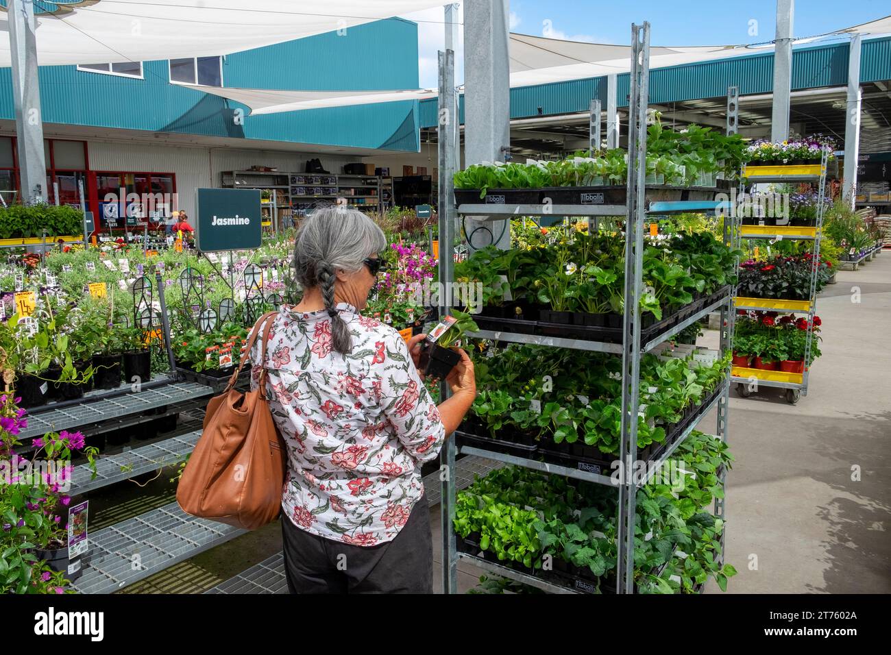 Donna di mezza età che acquista piante in un centro giardino Bunnings in Australia Foto Stock