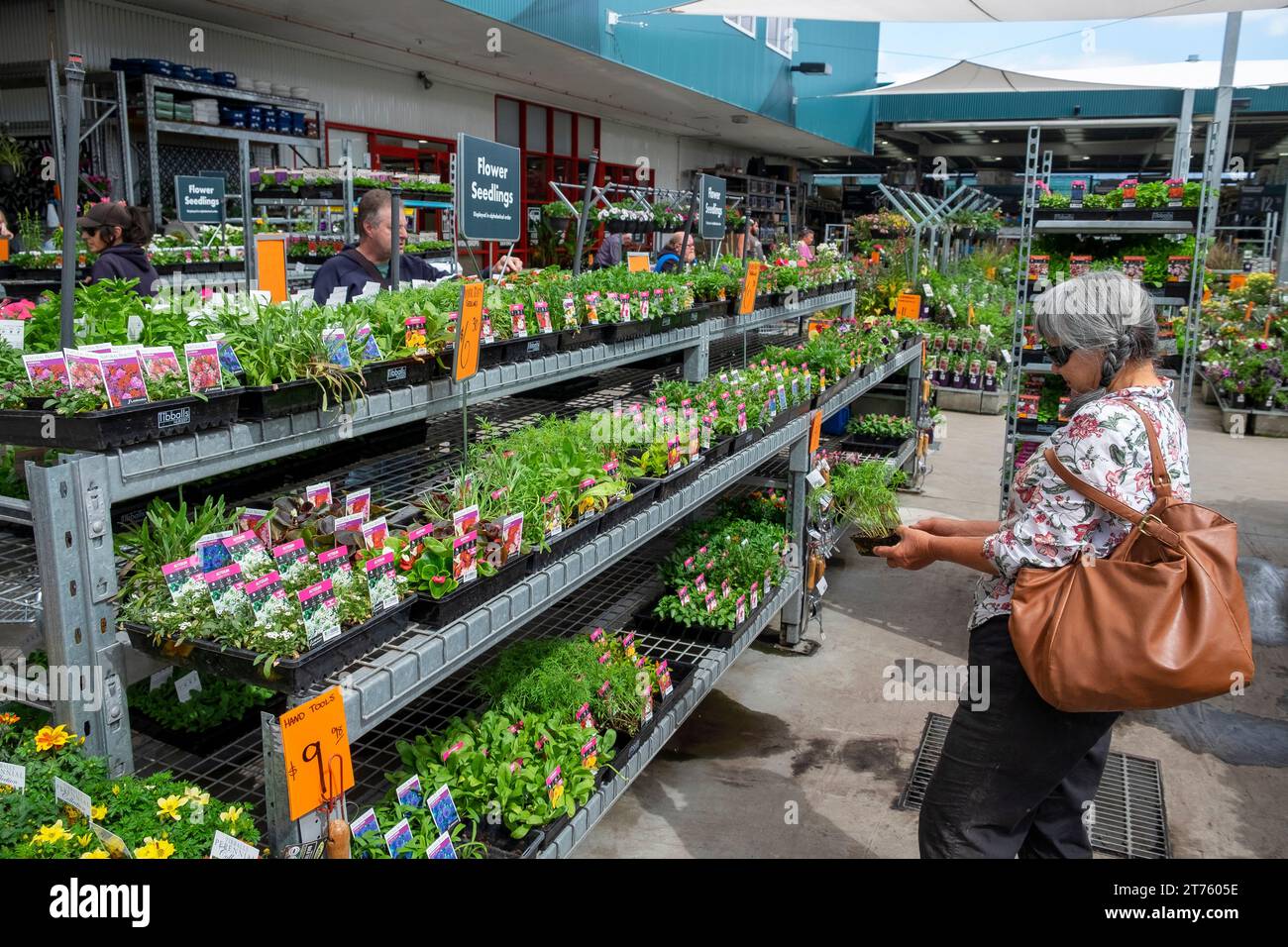 Donna di mezza età che acquista piante in un centro giardino Bunnings in Australia Foto Stock