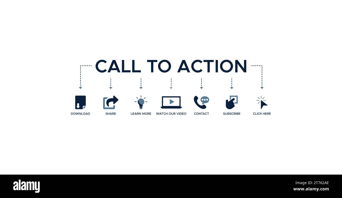 Icona del banner del sito Web Call to Action concetto di illustrazione vettoriale con icona di download, condivisione, ulteriori informazioni, guarda il nostro video, contattaci, iscriviti Illustrazione Vettoriale