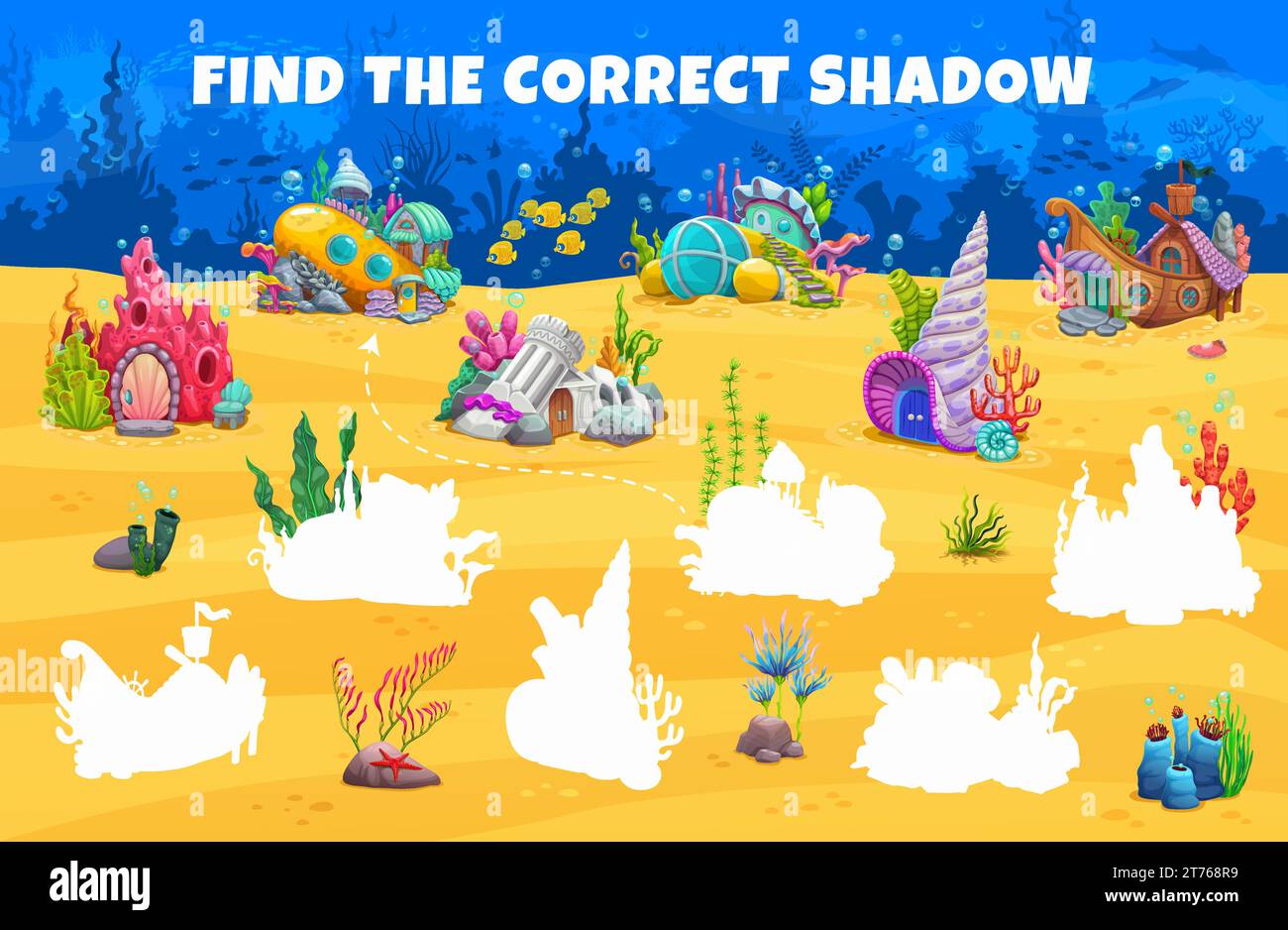 Trova l'ombra corretta di case sottomarine da favola edifici per bambini. Puzzle a quiz vettoriale con cartoon sottomarino, nave, conchiglie, rovine e case di corallo sul fondo del mare Illustrazione Vettoriale