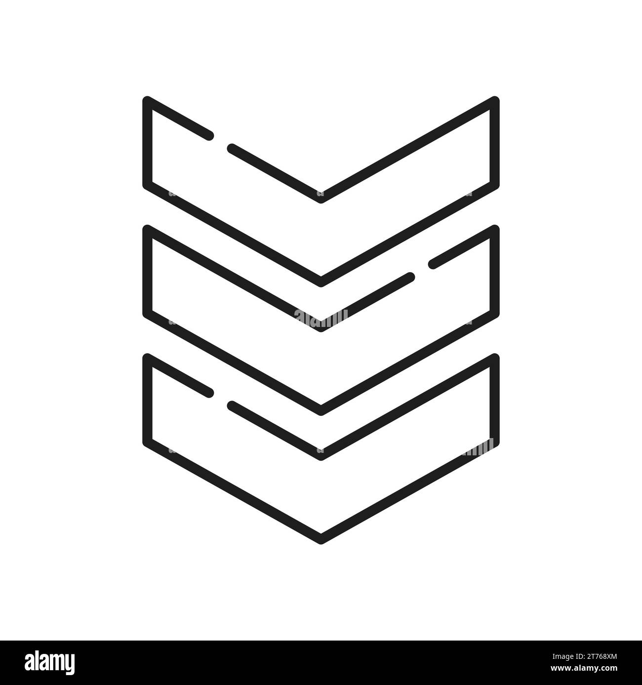 Sergente soldato grado militare isolato riconoscimento qualità. Segno vettoriale sull'emblema della classifica di servizio USA uniforme. Squadra Chevron, insegne Illustrazione Vettoriale