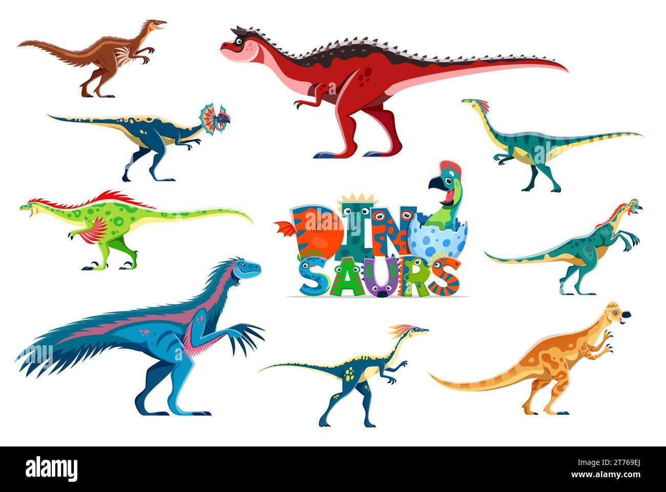 Dinosauri isolati, simpatici personaggi dei cartoni animati. Rettile dell'era giurassica, rettile preistorico, divertente Troodon, Dilophosaur, Carnotaurus, Therizinosaurus e Compsognathus, dinosauri vettoriali Pachycephalosaurus Illustrazione Vettoriale