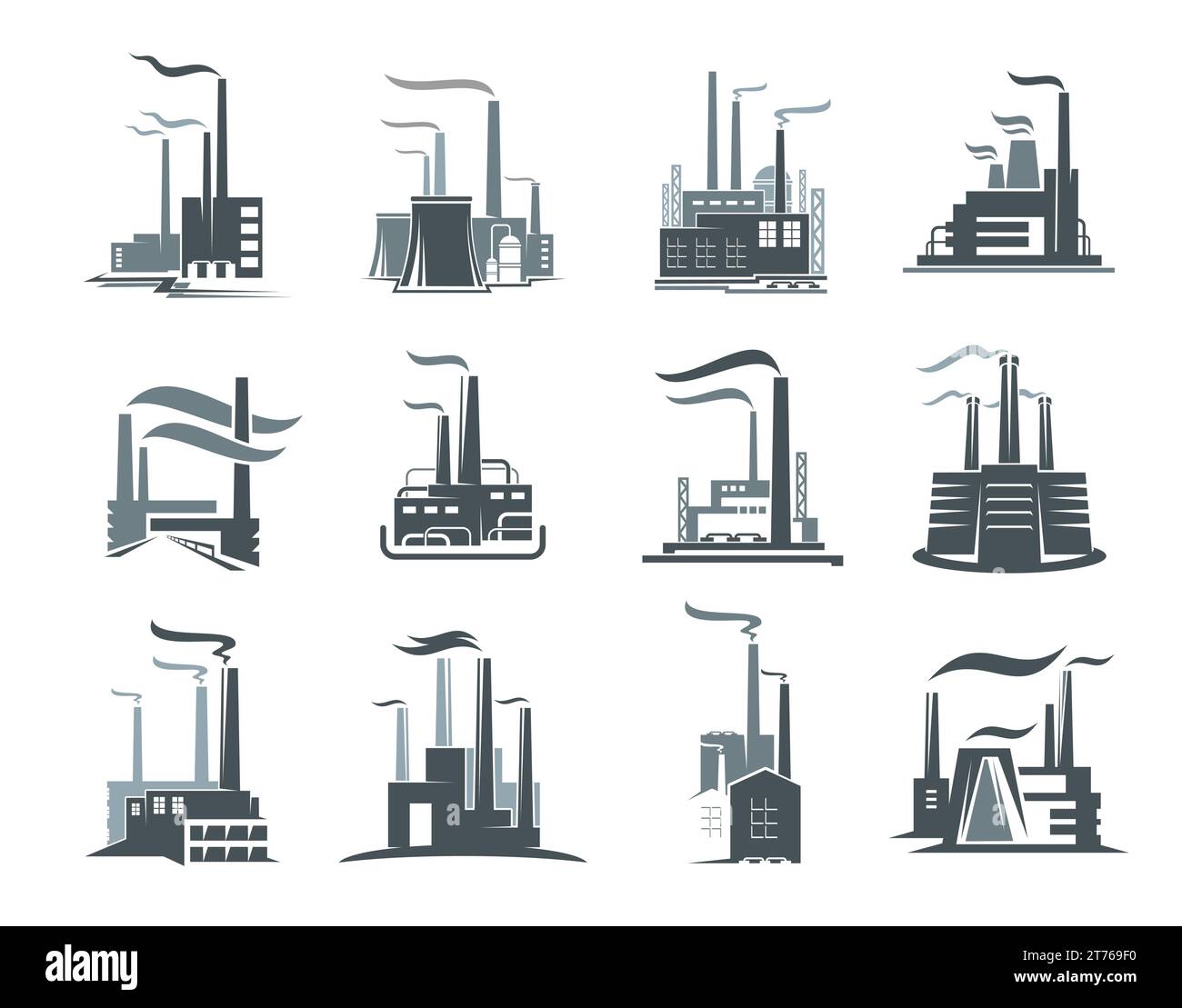 Set di icone per impianti industriali o di fabbrica. Edifici di centrali elettriche vettoriali, fabbriche o stazioni nucleari dell'industria chimica, energetica, petrolifera e delle raffinerie di gas. Sagome di edifici industriali con fumo, tubi Illustrazione Vettoriale
