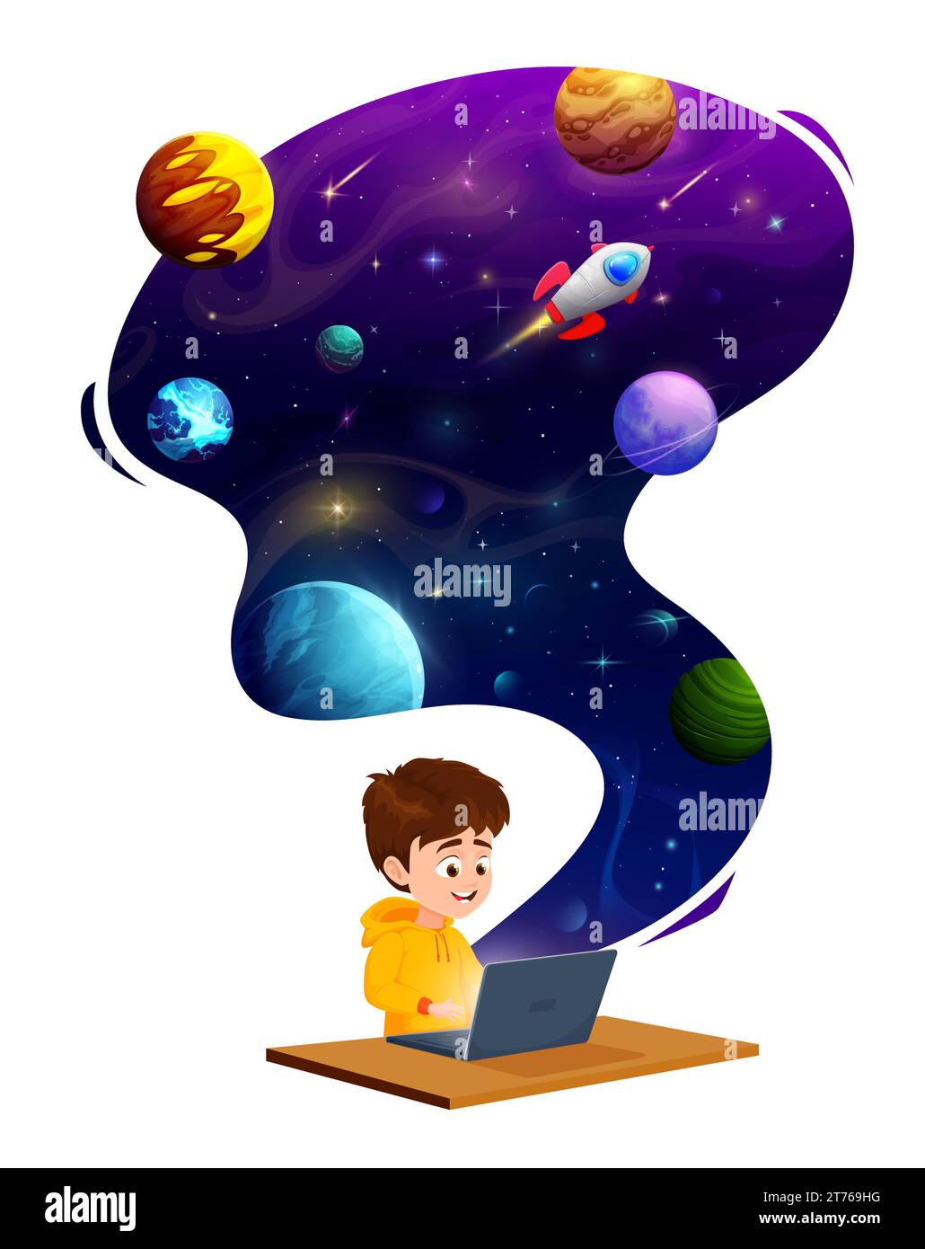 Bambino con notebook che sogna voli spaziali e pianeti galattici, poster vettoriale. Il ragazzo dei cartoni animati sogna lo spazio e il volo spaziale con razzi astronauti sui pianeti del mondo della galassia extraterrestre Illustrazione Vettoriale