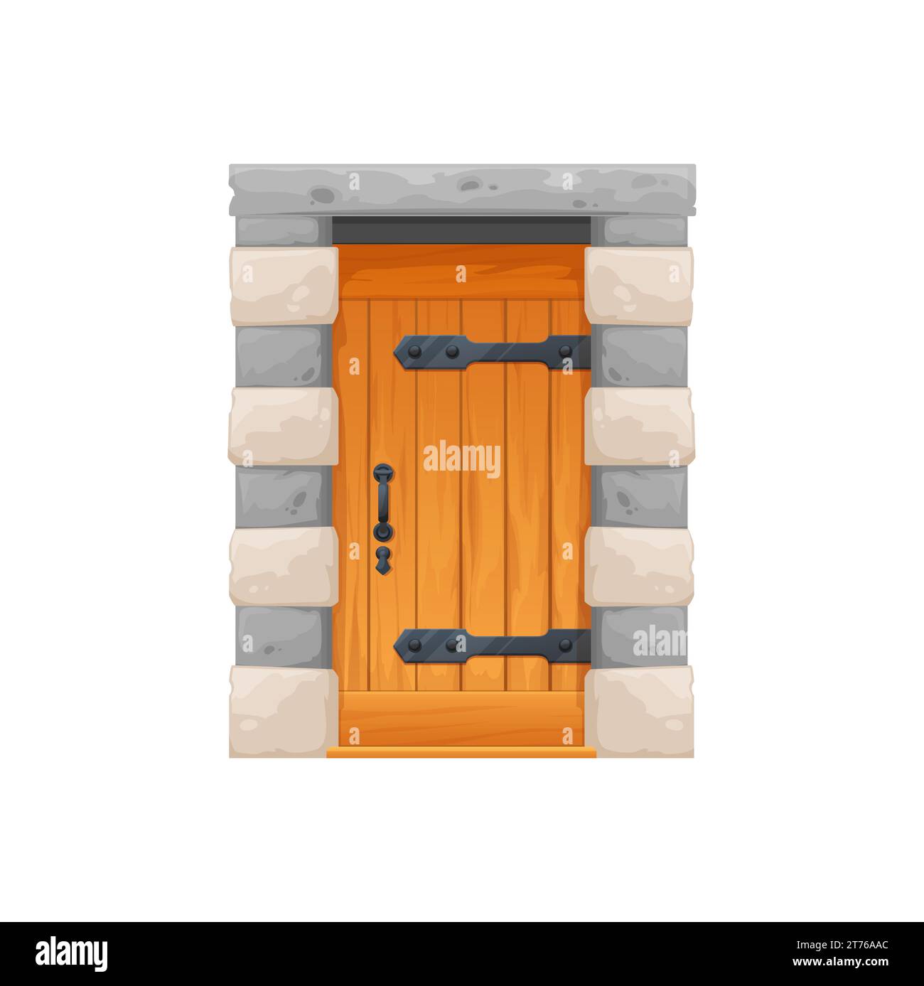 Castello medievale porta in legno con arco in pietra, ingresso porta vettoriale dei cartoni animati. Vecchia prigione o antica porta in legno, fortezza o portale della cantina medievale con maniglia in ferro e serratura in metallo Illustrazione Vettoriale