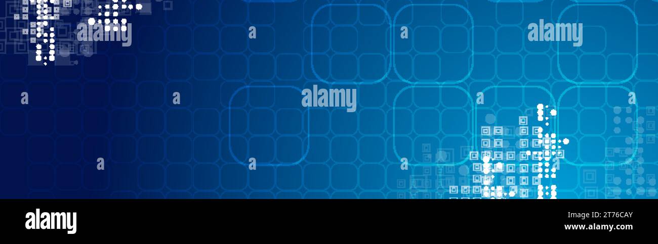 Striscione geometrico blu brillante con piccoli quadratini e punti. Background del vettore tecnologico Illustrazione Vettoriale