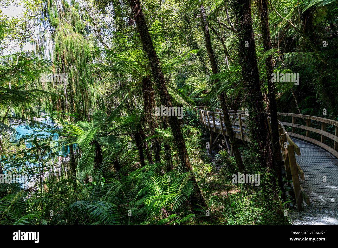 Hokitika Gorge, una delle principali destinazioni turistiche a circa 33 chilometri da Hokitika, nuova Zelanda. Il colore turchese è dovuto alla farina glaciale, nell'acqua. Foto Stock