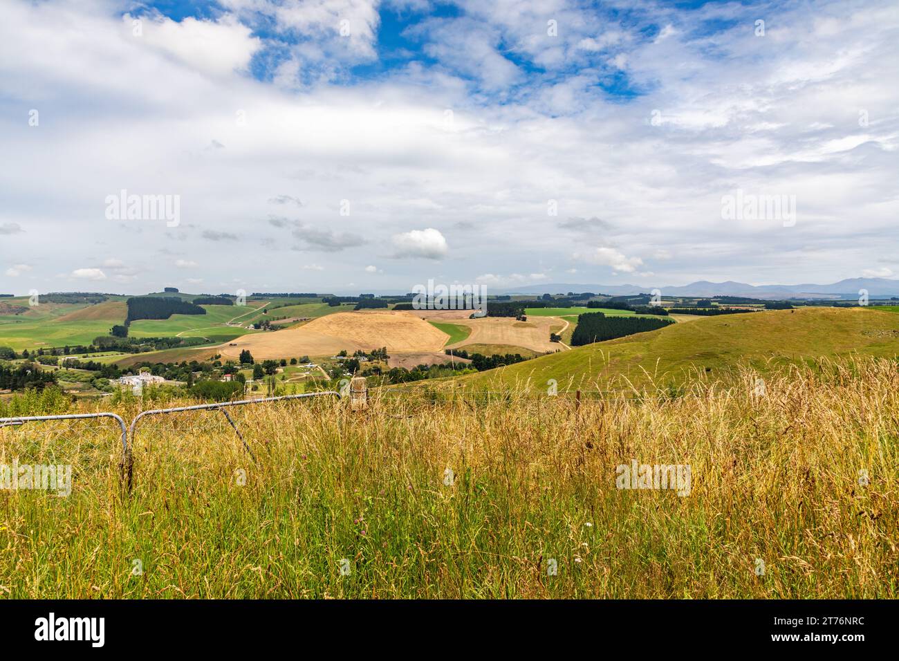 Vista rurale vicino a Duntroon, nuova Zelanda. Terreni agricoli molto lussureggianti e fertili e panorami incantevoli. Foto Stock