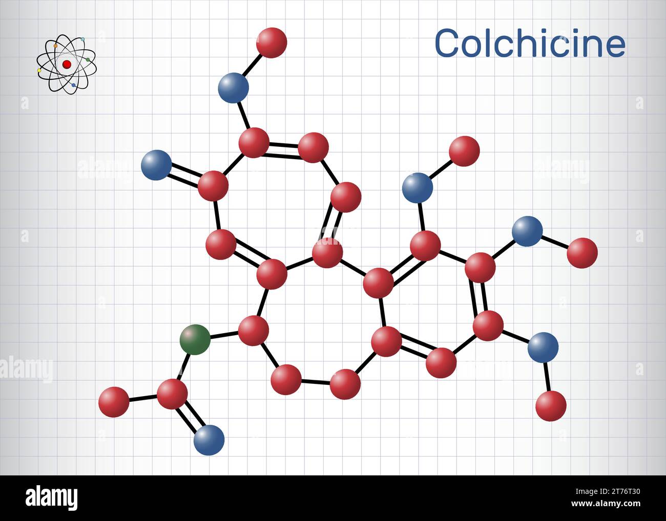 Molecola di colchicina. È alcaloide con attività anti-gotta e anti-infiammatorie, utilizzato nel sollievo sintomatico del dolore. Formu chimico strutturale Illustrazione Vettoriale