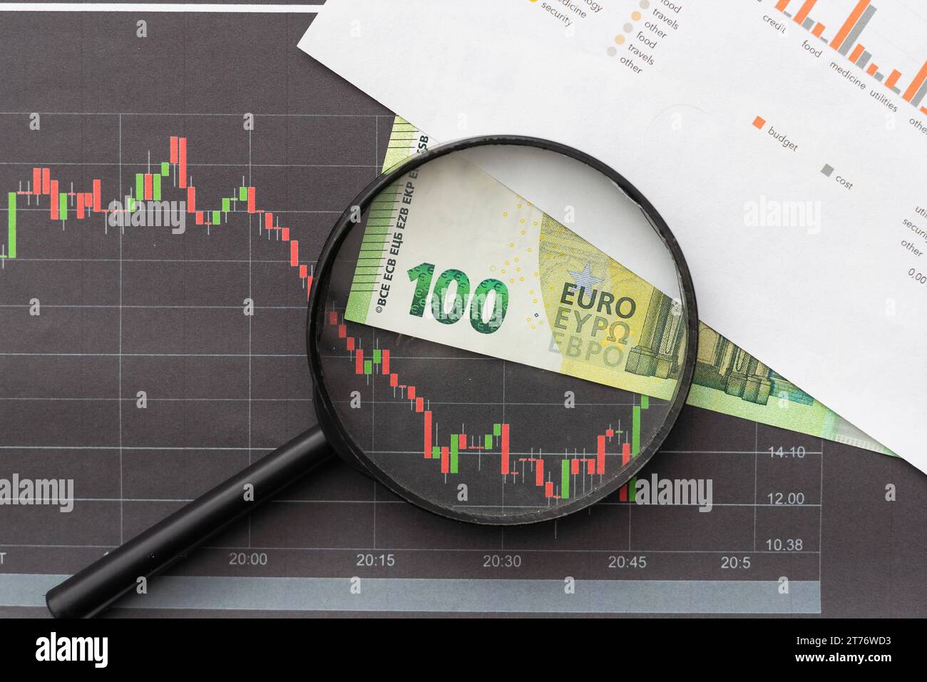 Curva crescente con tabelle dei tassi e calcolatrice come simbolo dell'aumento dei prezzi delle azioni. Foto Stock