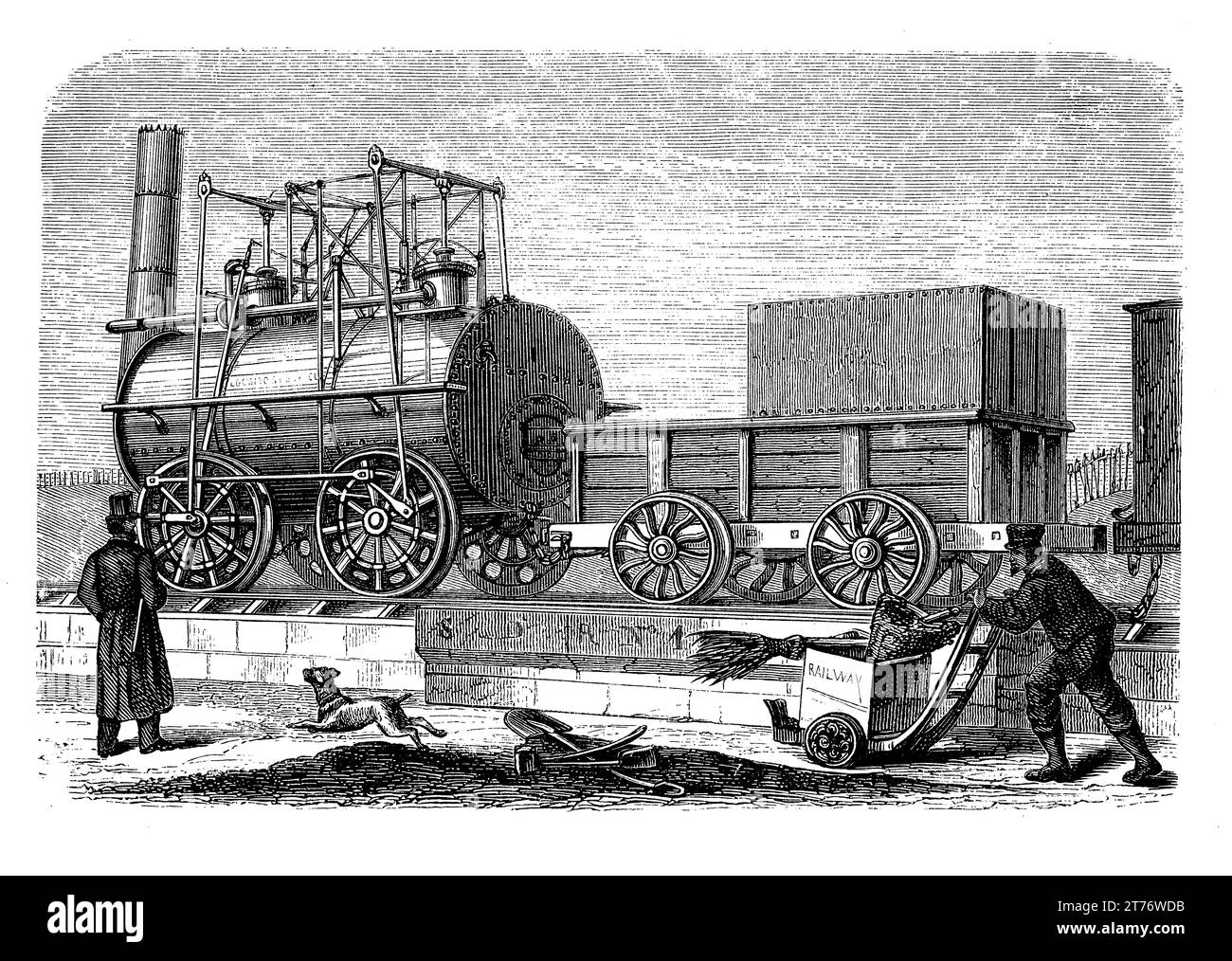 La locomotiva di Stephenson per la Stockton and Darlington Railway aprì nel 1825, la prima locomotiva a vapore per trasportare passeggeri su una linea ferroviaria pubblica Foto Stock