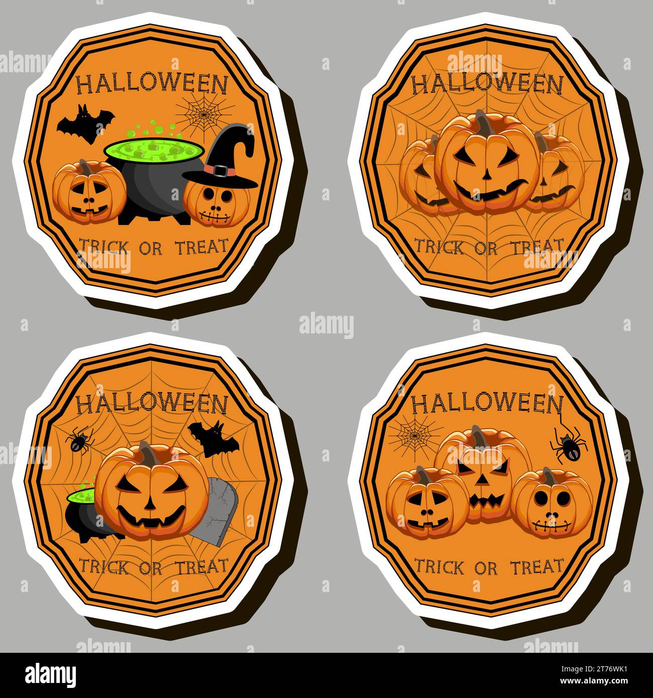 Illustrazione sull'adesivo a tema per festeggiare Halloween con zucche arancioni Illustrazione Vettoriale