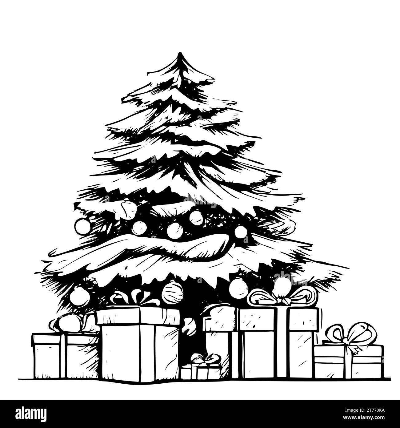 Albero di Natale con decorazioni natalizie e regali. Buon Natale e Capodanno. Sketch vettoriale vintage Happy Holidays Illustrazione Vettoriale