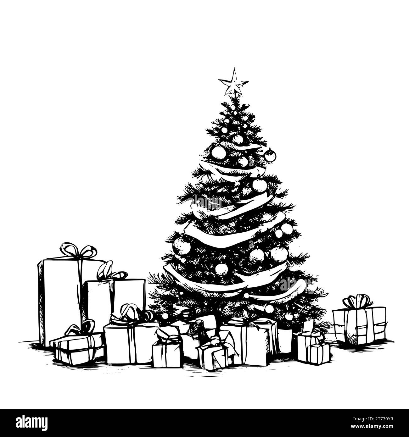 Albero di Natale e regali disegnati a mano. Disegno vettoriale, disegno lineare Illustrazione Vettoriale