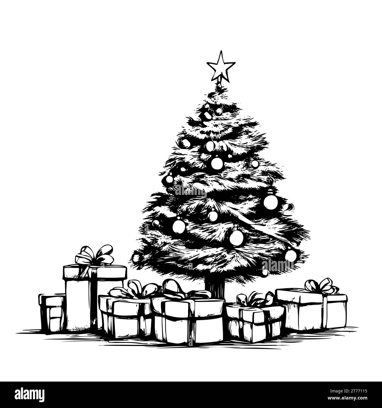 Albero di Natale e regali disegnati a mano. Disegno vettoriale, disegno lineare Illustrazione Vettoriale