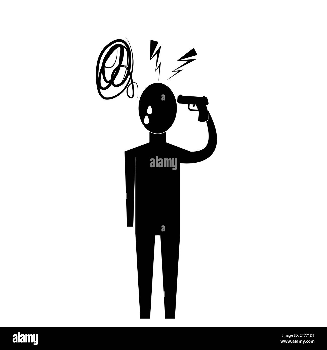 L'icona della silhouette di una persona in grave stato mentale, ha una pistola alla testa, forse sta pensando al suicidio. Illustrazione Vettoriale