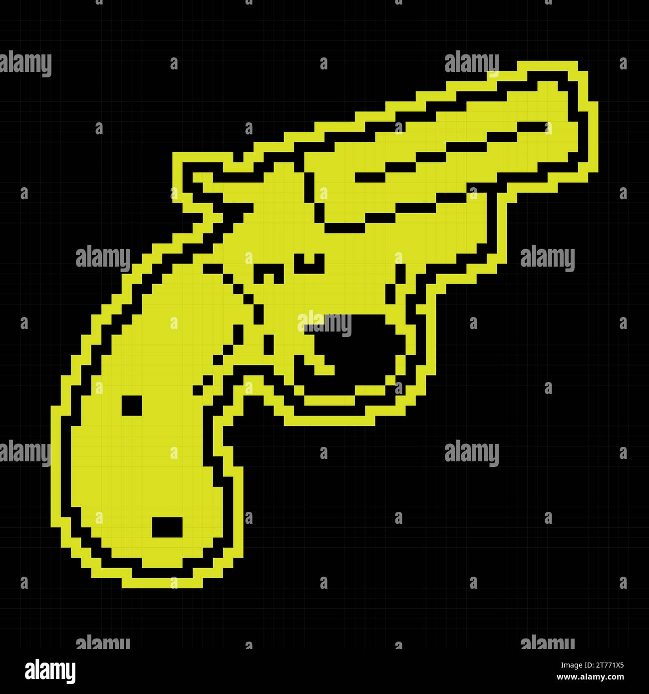 Icona pixel silhouette, pistola di segnalazione di emergenza. Arma per lanciare proiettili di segnalazione. Semplice isolamento vettoriale nero e giallo Illustrazione Vettoriale