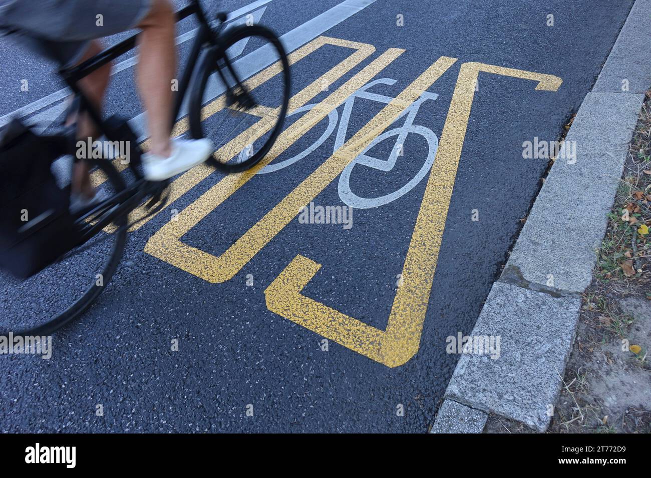 Schriftzug Bus und Fahrradpiktogramm Schriftzug Bus und Fahrradpiktogramm, 26.09.2023, Mitte, Berlino, Auf einem Fahrbahnbelag befindet sich der Schriftzug Bus und ein Fahrradpiktogramm. *** Lettering bus e bicicletta pittogramma Lettering bus e bicicletta pittogramma, 26 09 2023, Mitte, Berlino, su un manto stradale si trova l'autobus Lettering e un pittogramma bicicletta credito: Imago/Alamy Live News Foto Stock